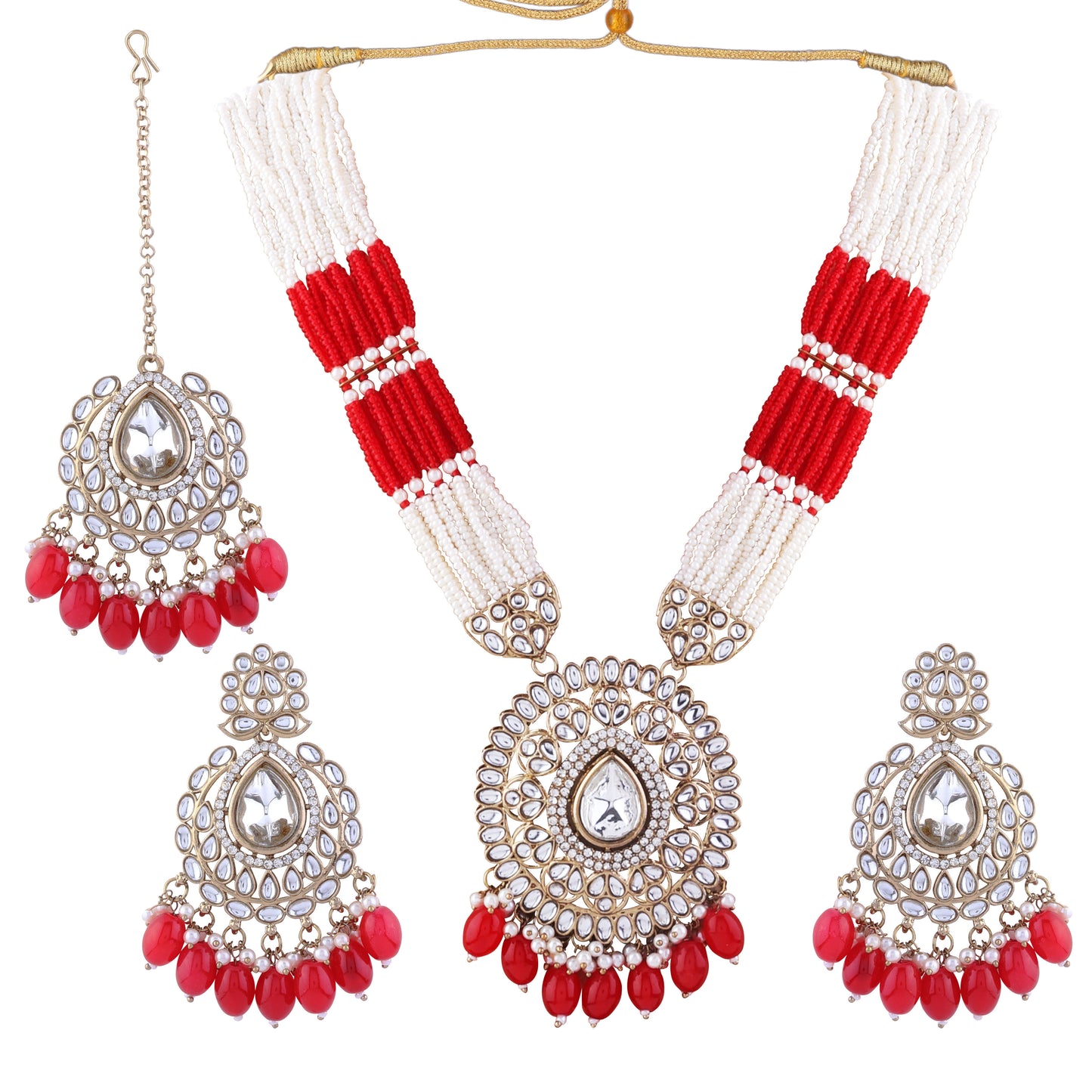 Red Harnoor Premium Long Necklace with Earring and Mangteeka