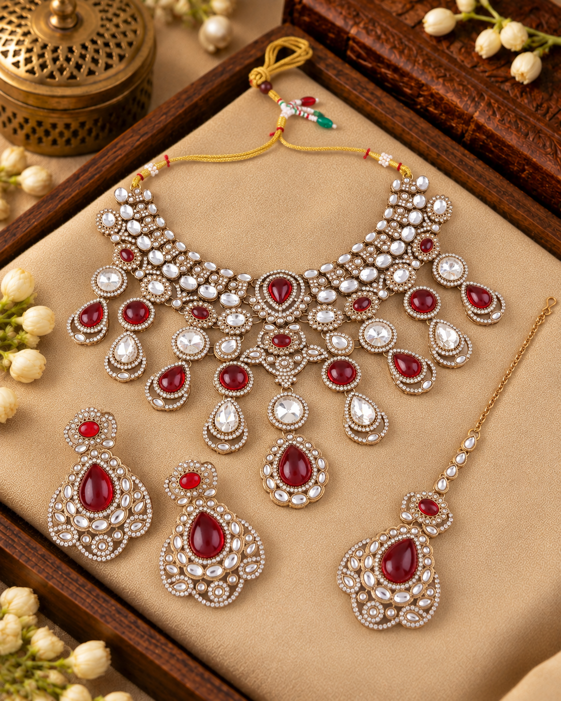 Red Nimishu Premium Polki Dupe Necklace Set with Earring & Mangteeka