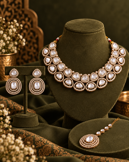 White Rajnivanshi Premium Polki Dupe Necklace with Earring and Teeka