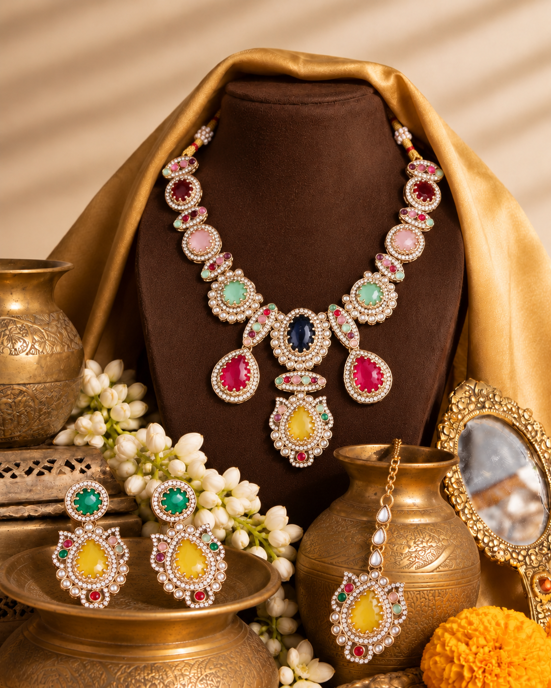 Multi Ratnavali Premium Sabya Inspired Necklace Set with Earring & Teeka