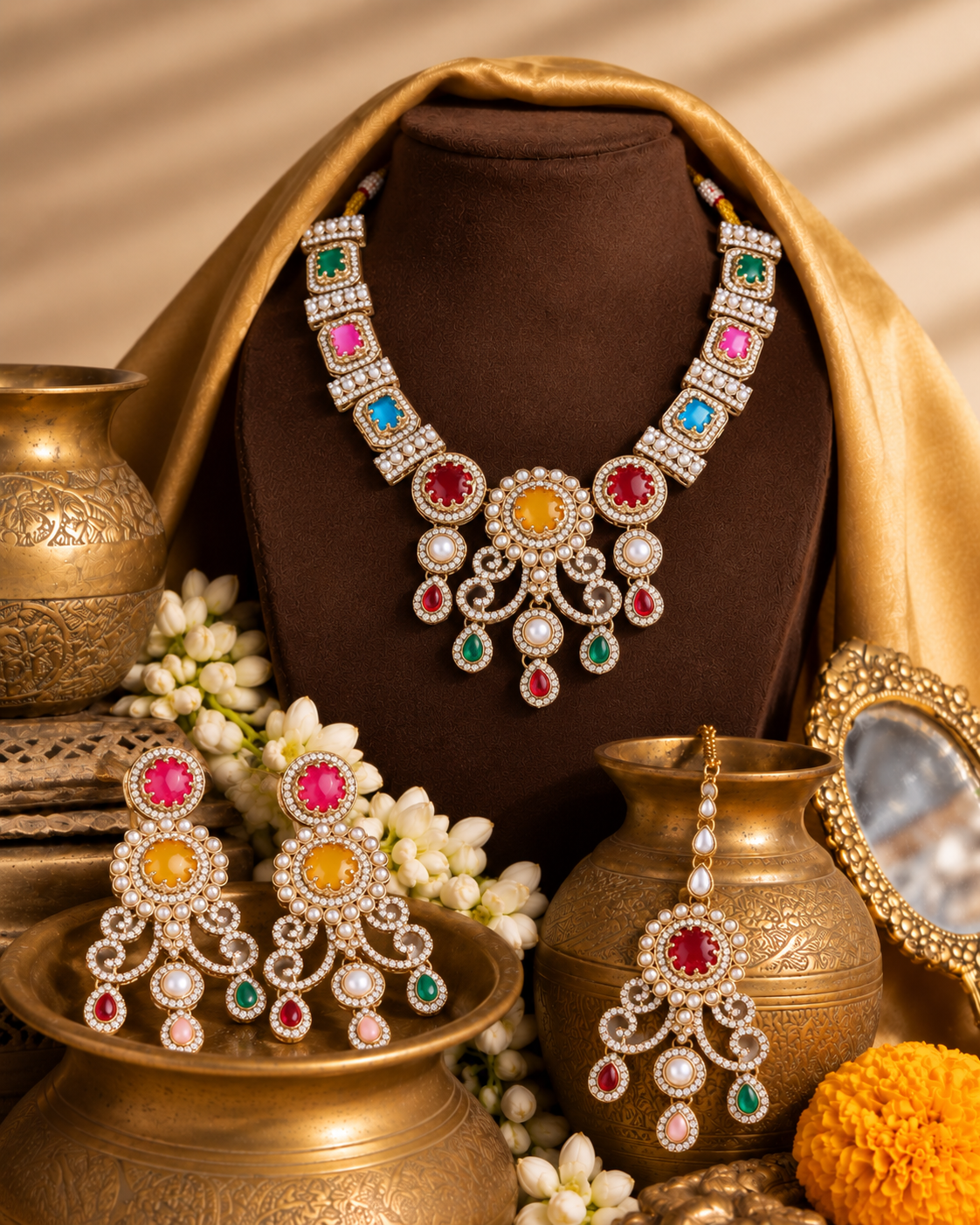 Multi Kanaklata Premium Sabya Inspired Necklace Set with Earring & Teeka