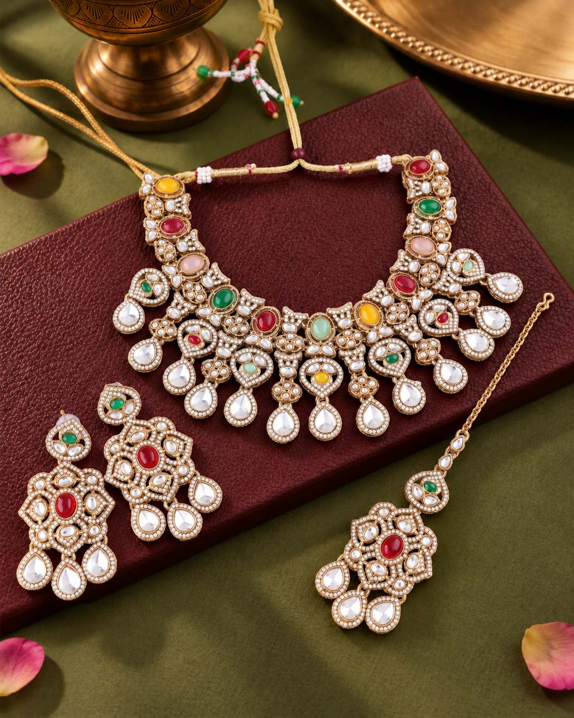 Multi Kashmira Kundan Zircone Necklace With Teeka & Earring
