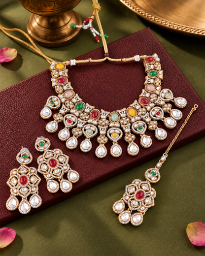 Multi Kashmira Kundan Zircone Necklace With Teeka & Earring