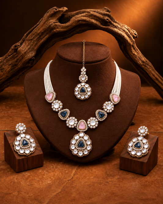 Blue Blush Jasneet Premium Zircone Polki Dupe Necklace Set With Earrings & Teeka