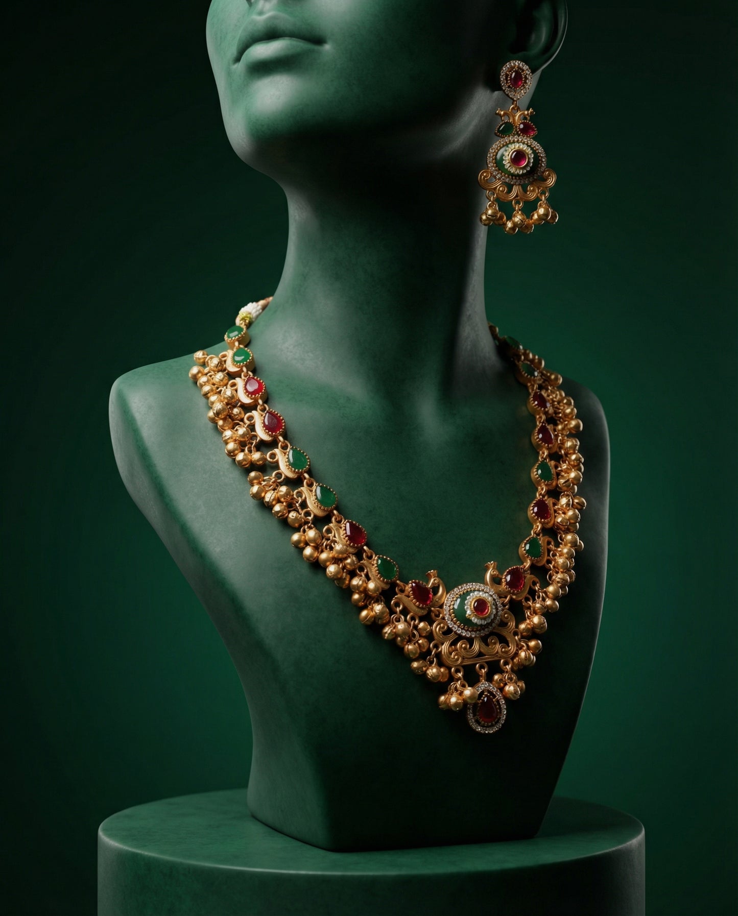 Green Ruby Maheshwari Rajwada Necklace Set with Earring