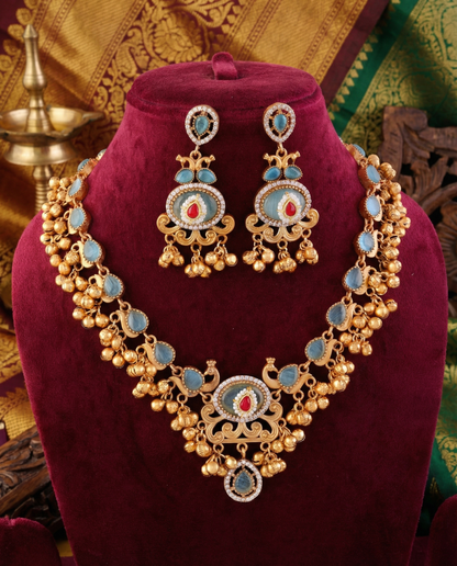 Turquoise Maheshwari Rajwada Necklace Set with Earring - Ghungro