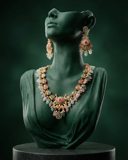 Blush Pastel Maheshwari Rajwada Necklace Set with Earring