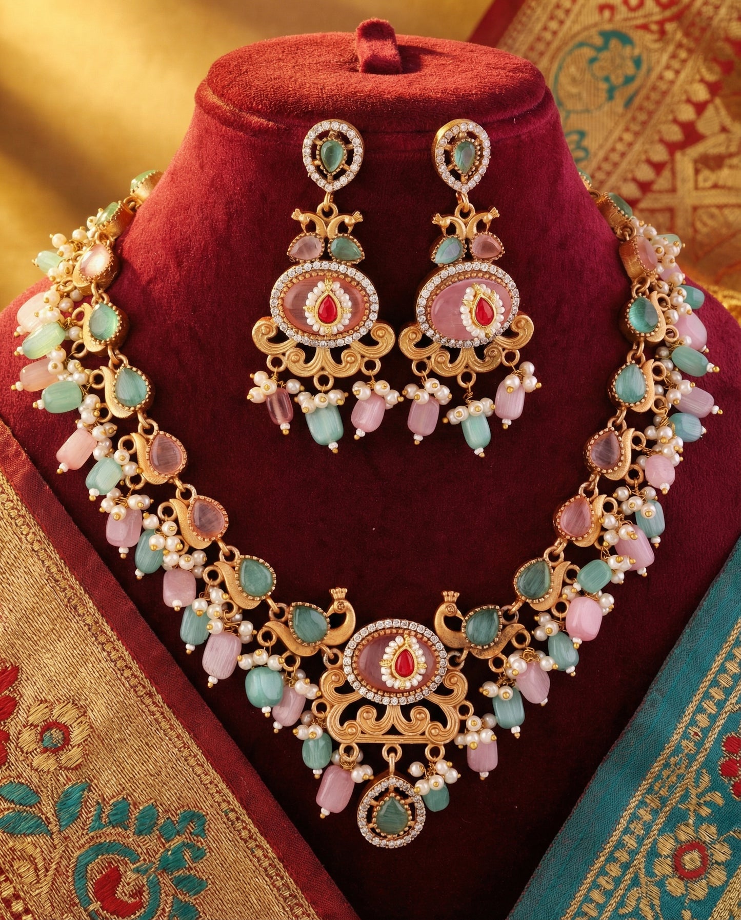Blush Pastel Maheshwari Rajwada Necklace Set with Earring