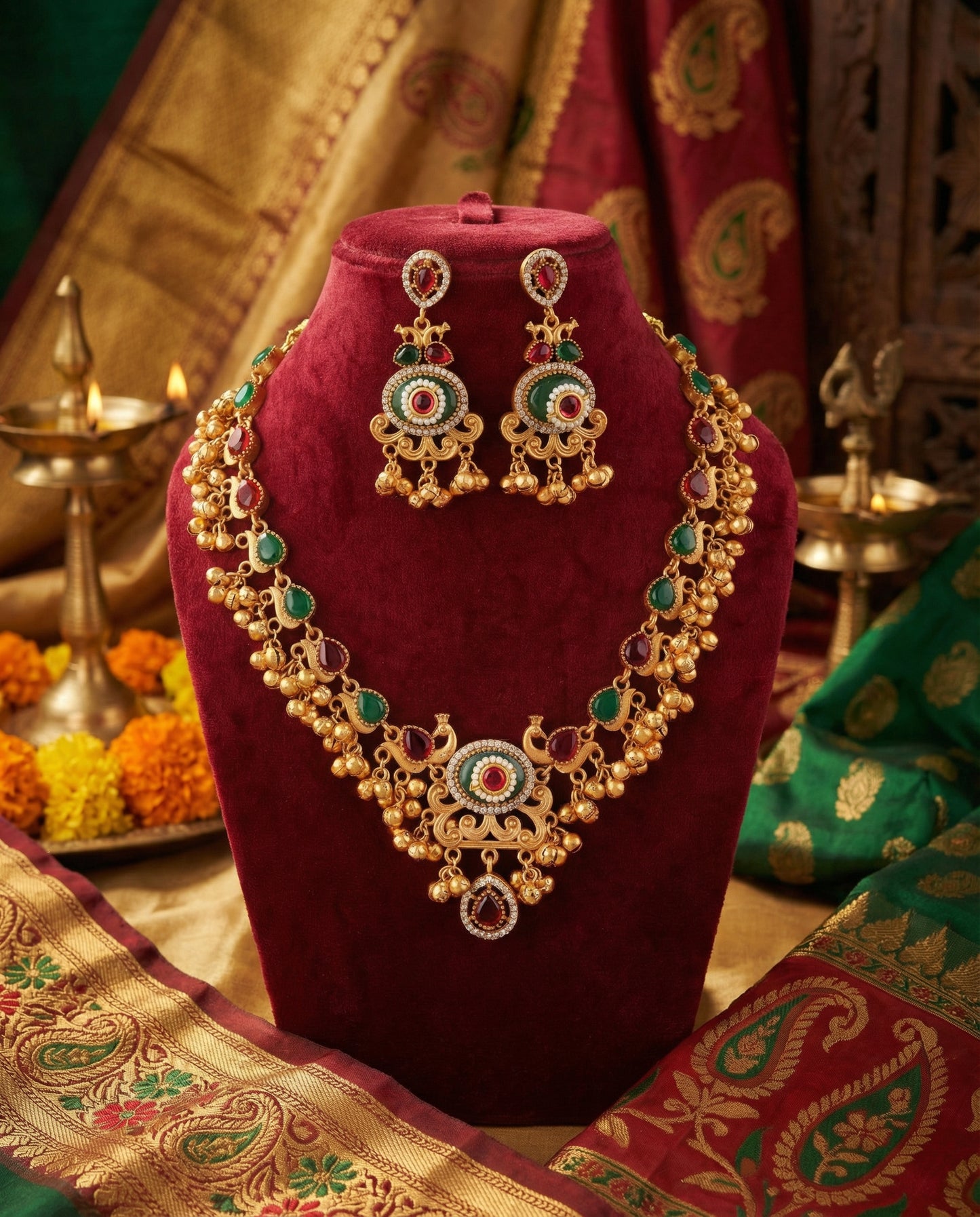 Green Ruby Maheshwari Rajwada Necklace Set with Earring