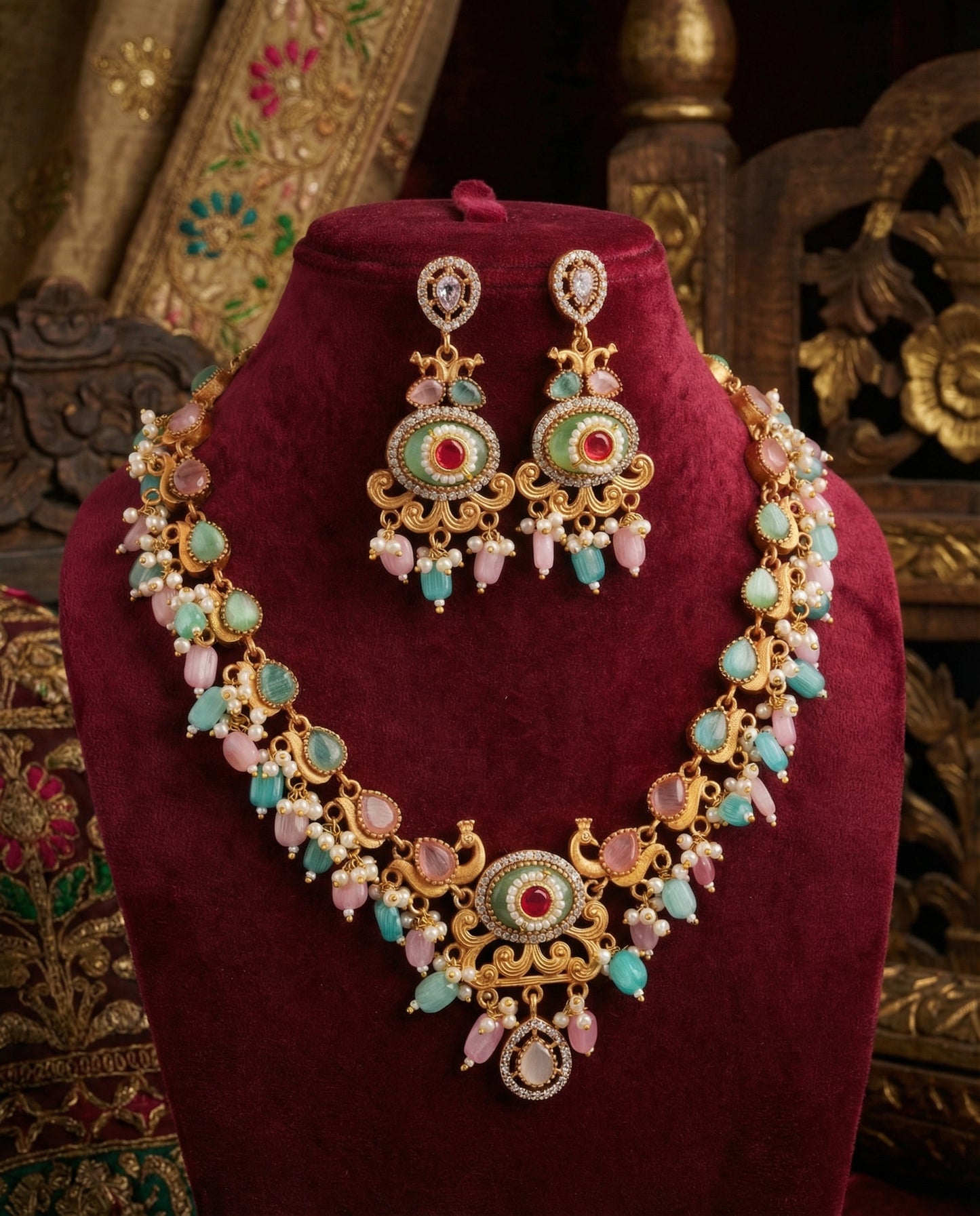 Mint Pastel Maheshwari Rajwada Necklace Set with Earring