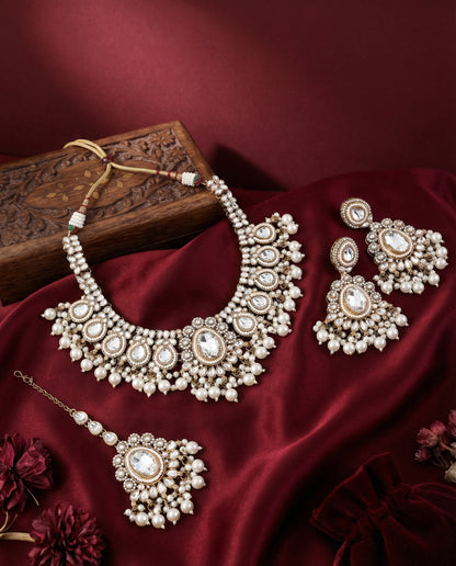 Silver Kavisha Premium Polki Dupe Necklace Set with Earring and Teeka