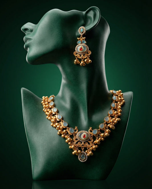 Turquoise Maheshwari Rajwada Necklace Set with Earring - Ghungro