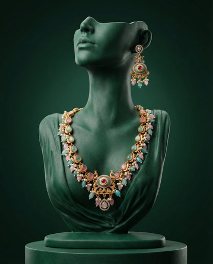 Mint Pastel Maheshwari Rajwada Necklace Set with Earring