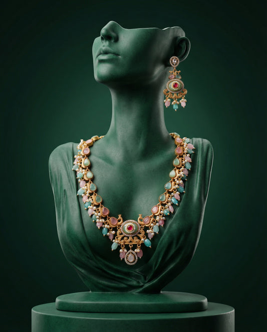 Mint Pastel Maheshwari Rajwada Necklace Set with Earring