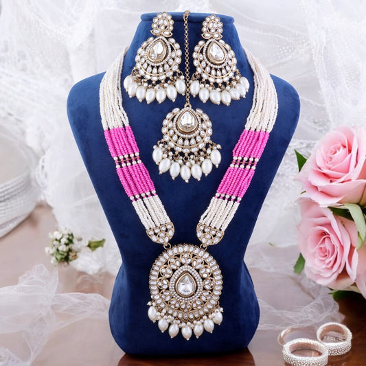 Pink Harnoor Premium Long Necklace with Earring and Mangteeka