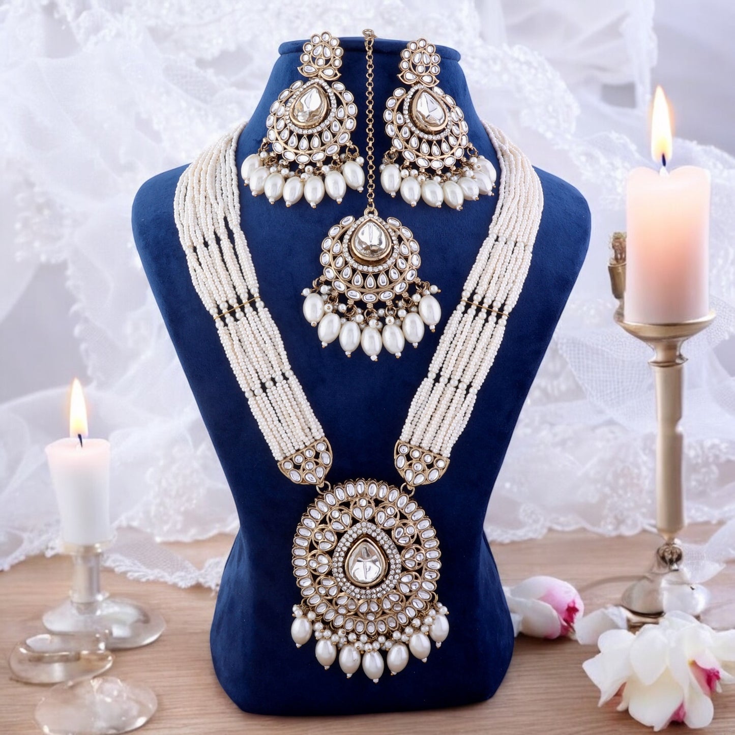 Pearl Harnoor Premium Long Necklace with Earring and Mangteeka