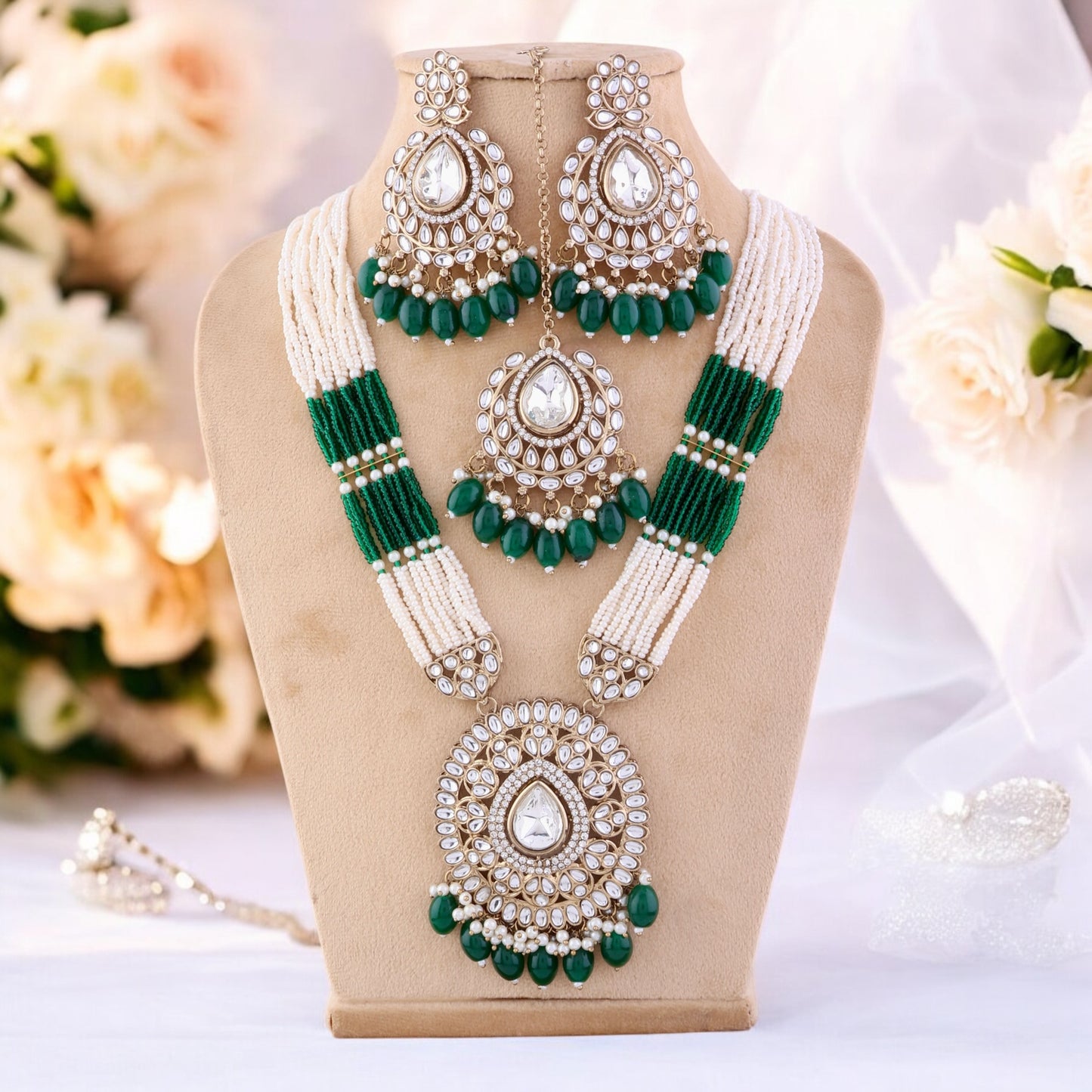 Green Harnoor Premium Long Necklace with Earring and Mangteeka