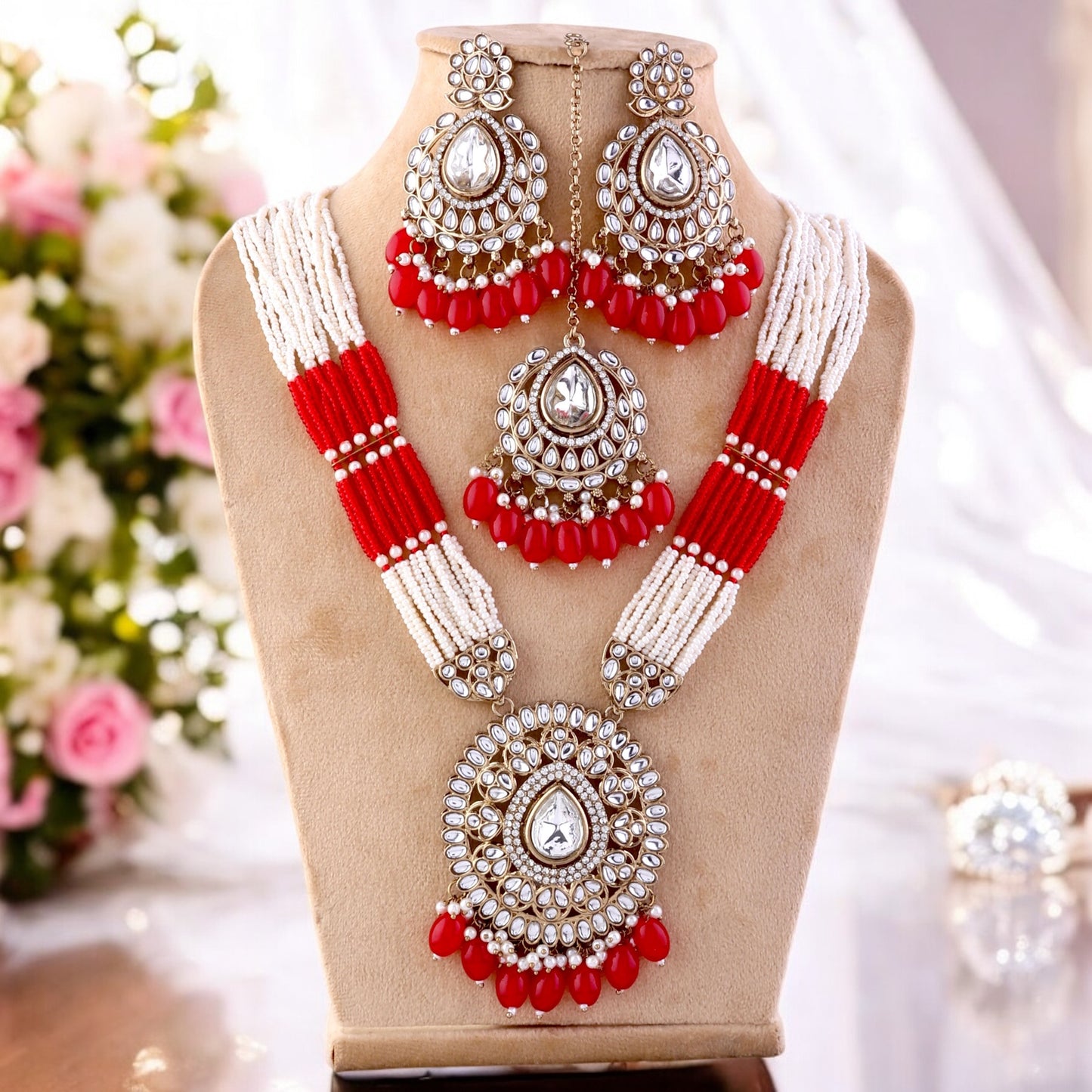 Red Harnoor Premium Long Necklace with Earring and Mangteeka