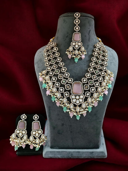 Mint Pink Pastel Arizona Premium Monalisa Layered Necklace Set with Earring and Teeka
