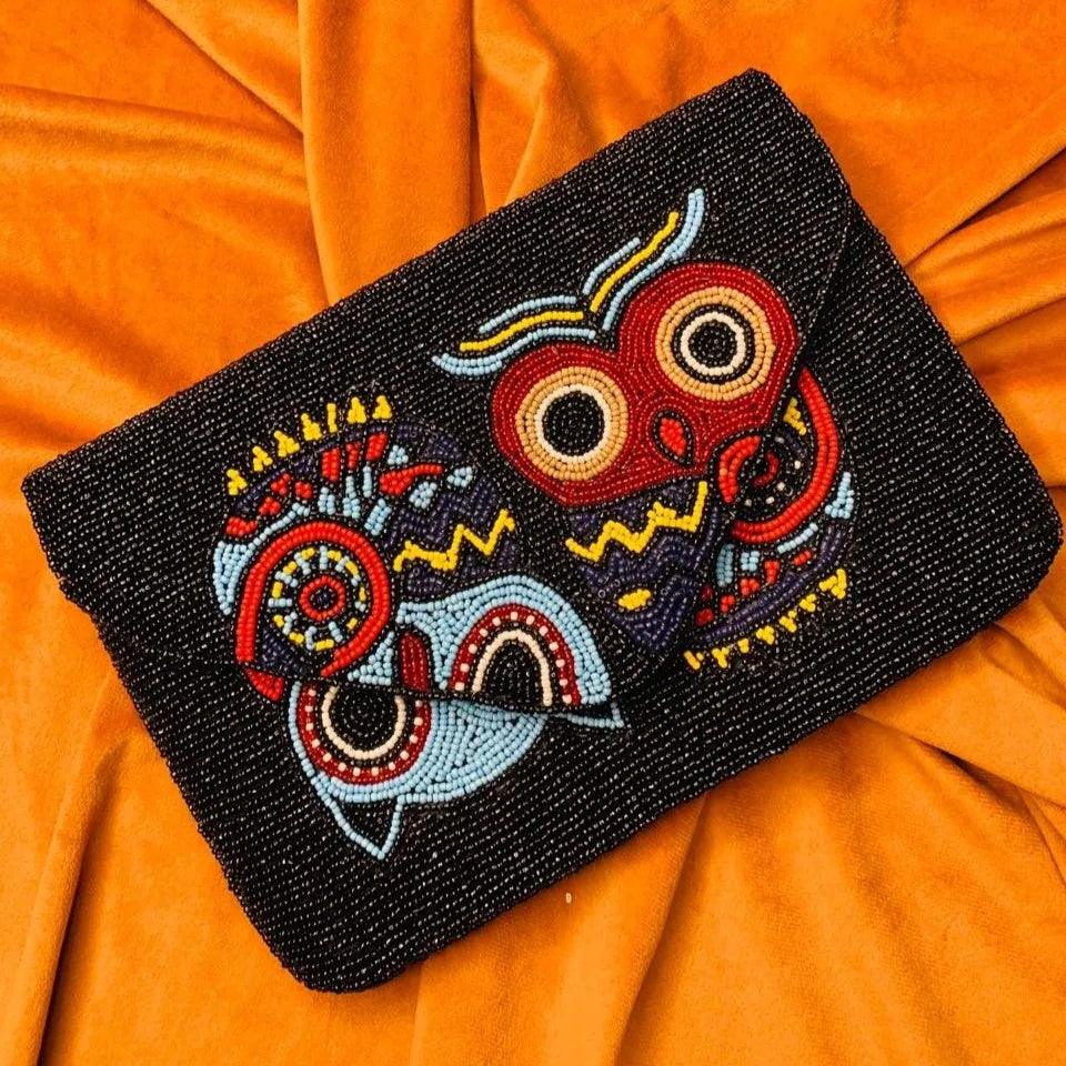 Black Owl Bead Flap Sling Bag