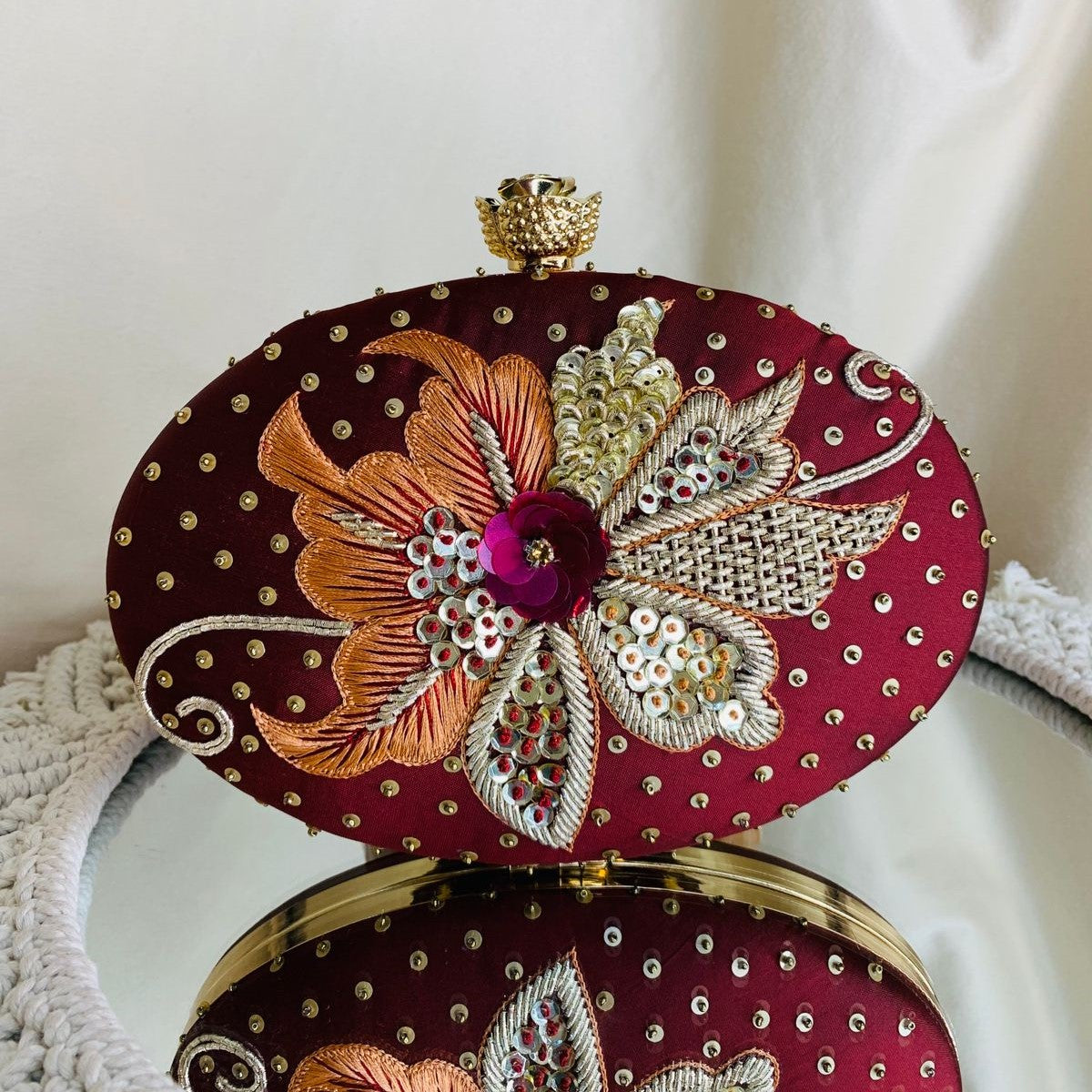 Maroon Oval Sanvi Embroidered Clutch
