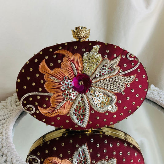 Maroon Oval Sanvi Embroidered Clutch