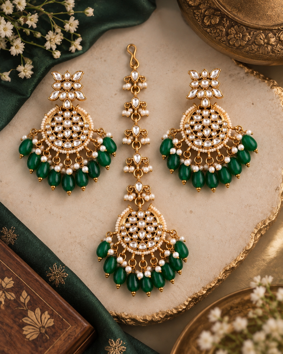 Green Manraj Teeka Earring Combo Set