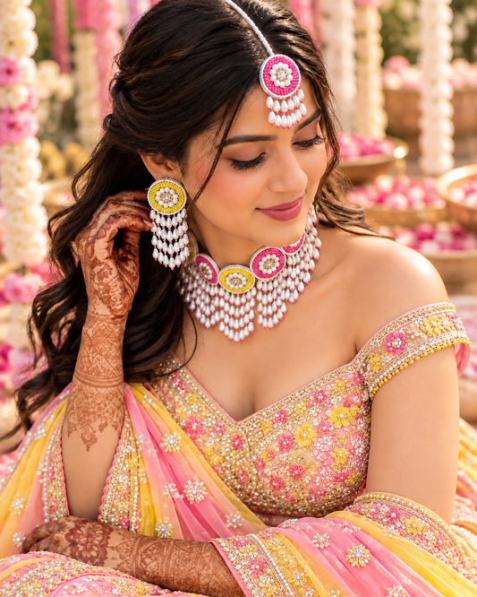 Pink Yellow Inaraah Handmade Jewellery For Haldi & Mehendi
