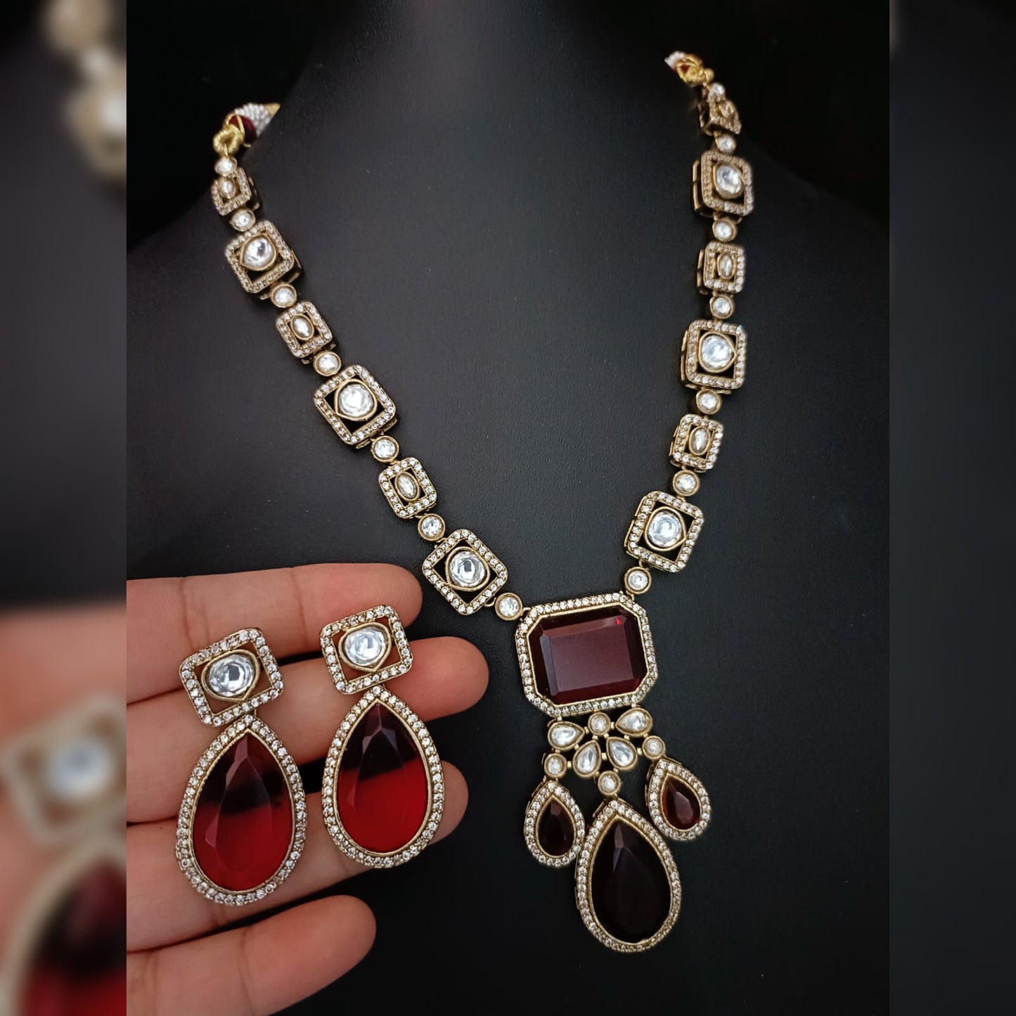 Wine Red Karunya Necklace Premium Monalisa and Polki Stone Detailed