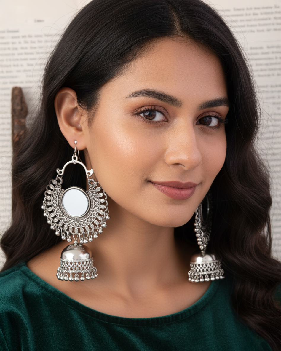 Preety Mirror Jhumka Earring - Oxidised