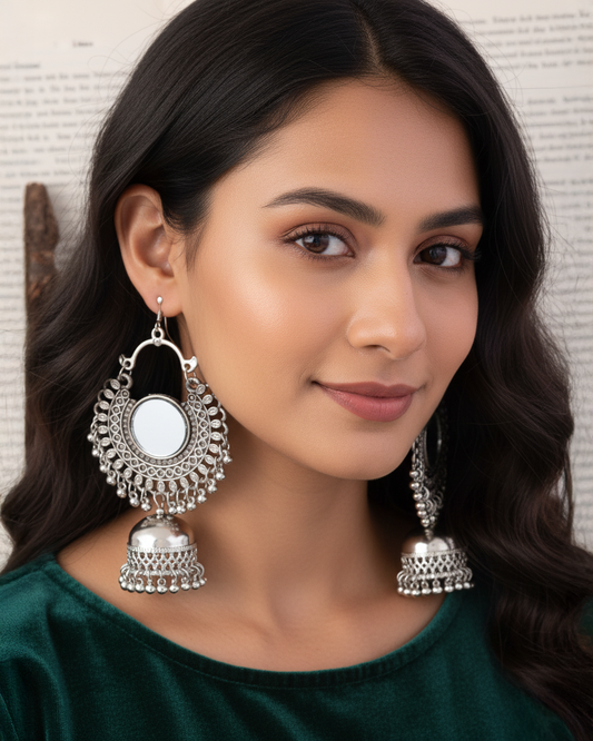 Preety Mirror Jhumka Earring - Oxidised