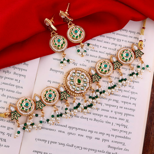 Green Ahilya Rajwada Choker set with Earring