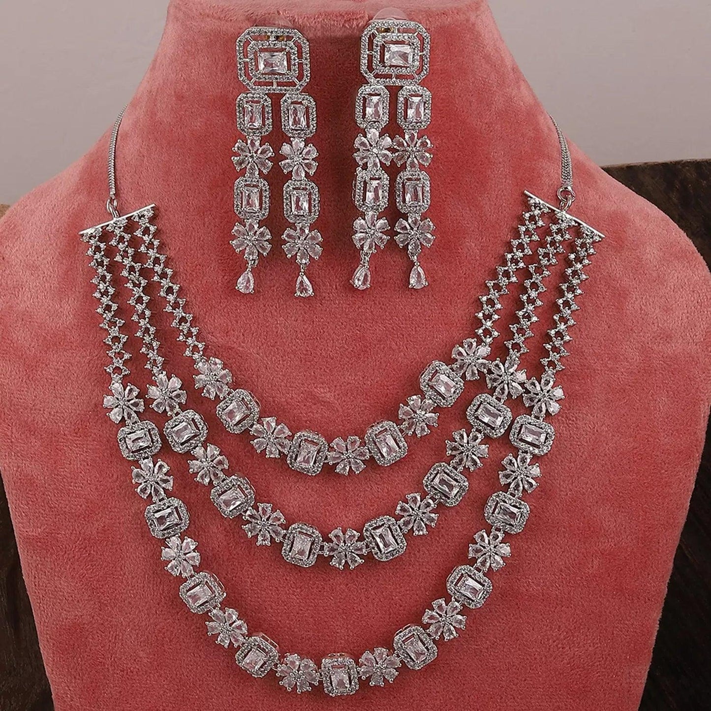 Silver Salina 3 Layer American Diamond Necklace Set