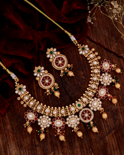 Ruby Green Sita Rajwada Necklace Set with Earring