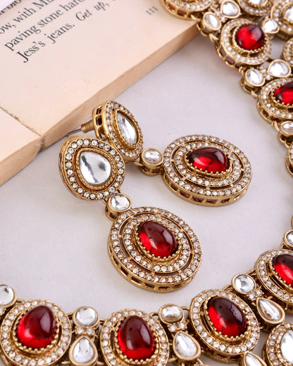 Maroon Sehaj Premium Polki Dupe Necklace with Earring and Teeka