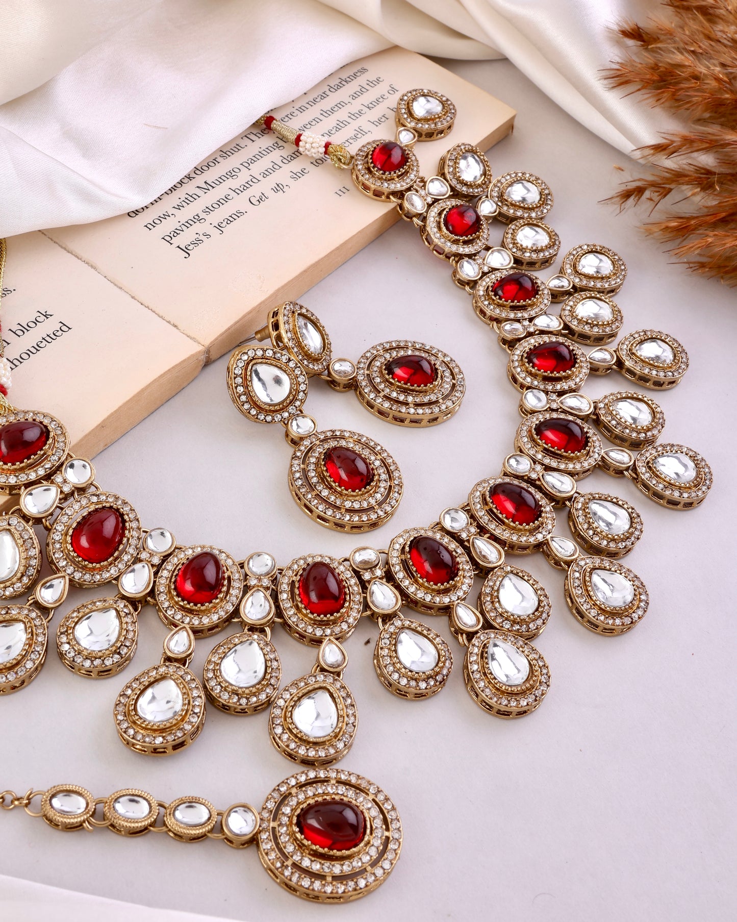 Maroon Sehaj Premium Polki Dupe Necklace with Earring and Teeka