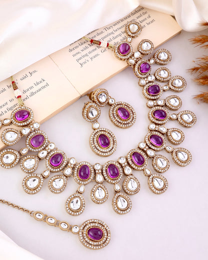 Purple Sehaj Premium Polki Dupe Necklace with Earring and Teeka