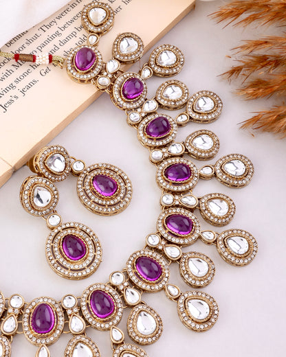 Purple Sehaj Premium Polki Dupe Necklace with Earring and Teeka