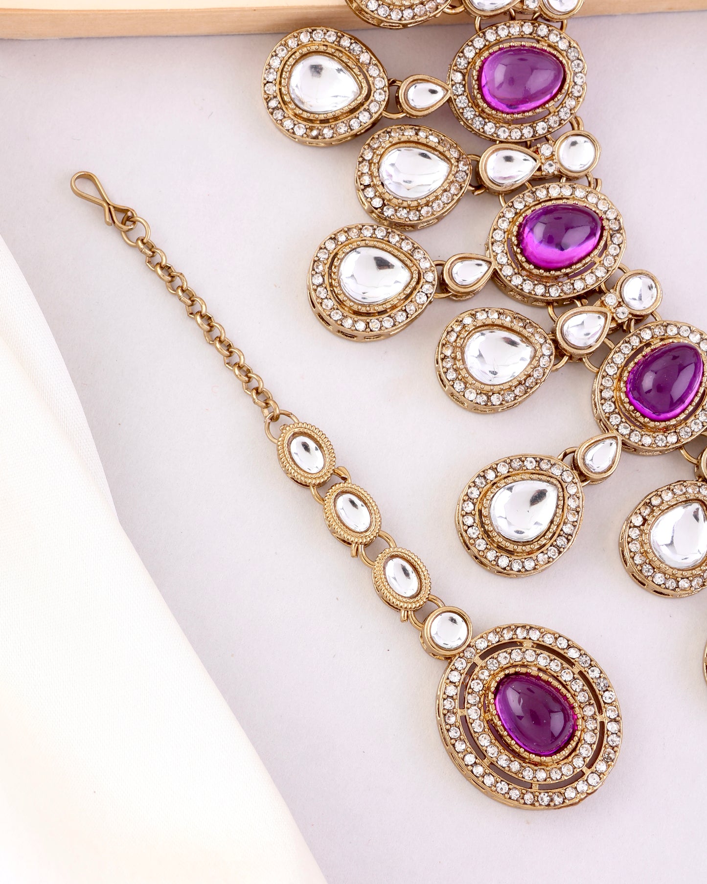 Purple Sehaj Premium Polki Dupe Necklace with Earring and Teeka