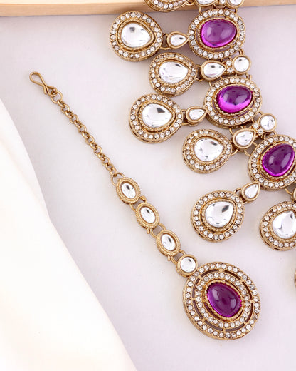 Purple Sehaj Premium Polki Dupe Necklace with Earring and Teeka