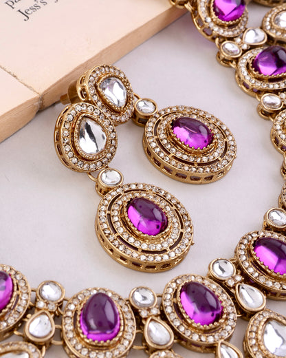 Purple Sehaj Premium Polki Dupe Necklace with Earring and Teeka
