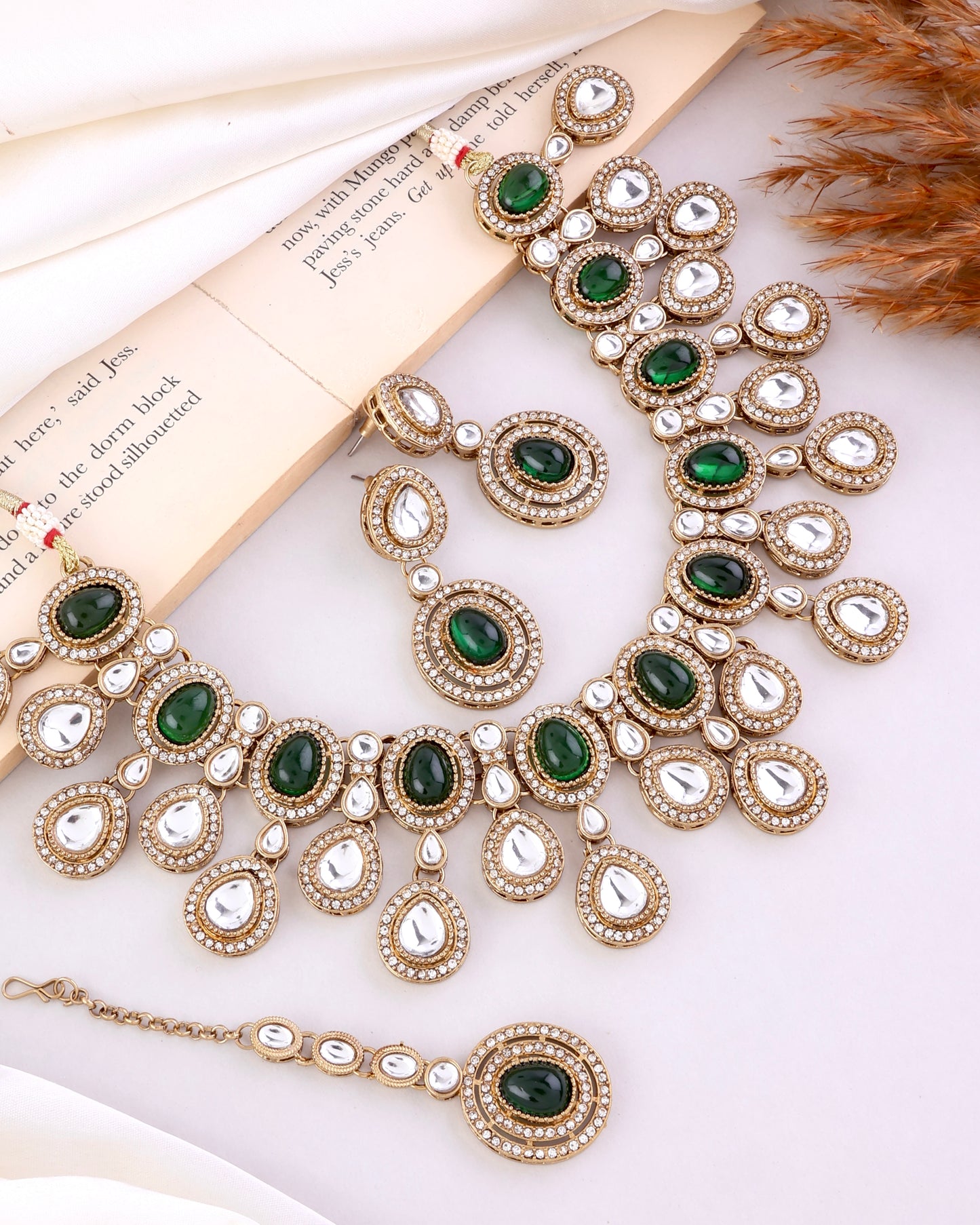 Green Sehaj Premium Polki Dupe Necklace with Earring and Teeka