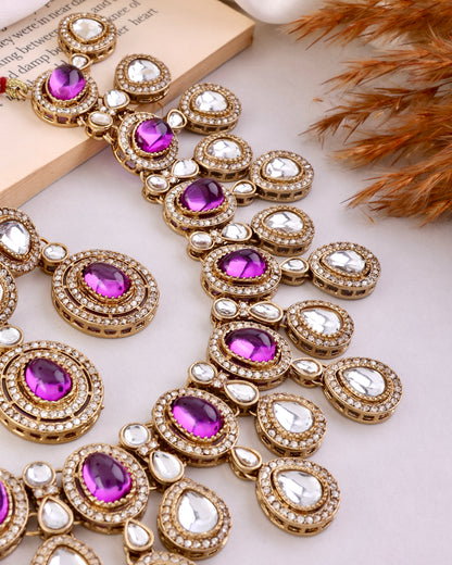 Purple Sehaj Premium Polki Dupe Necklace with Earring and Teeka