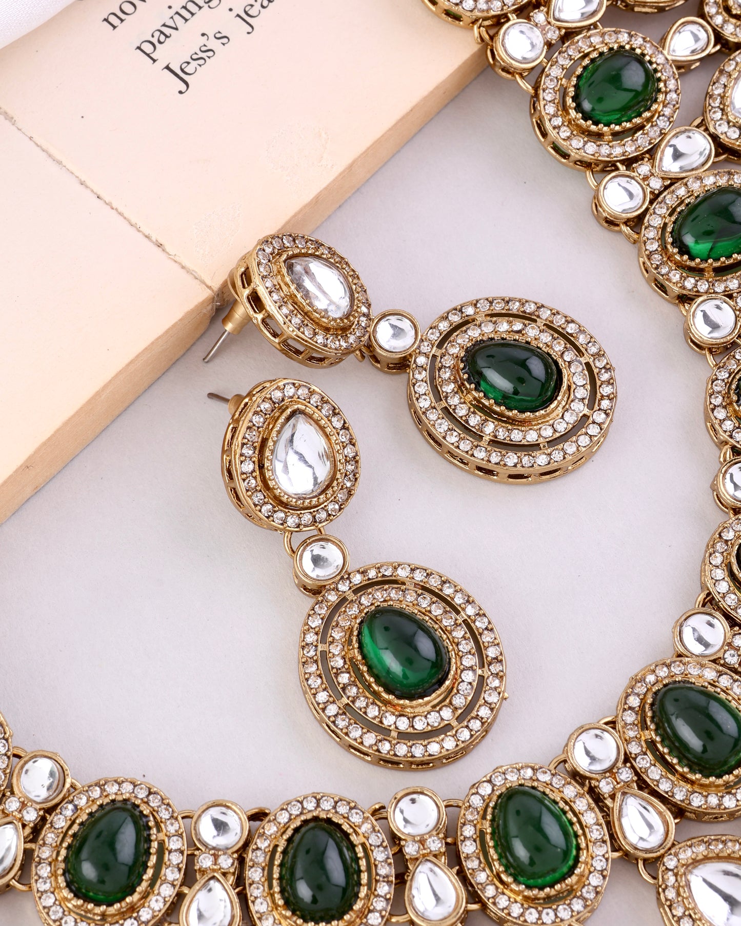 Green Sehaj Premium Polki Dupe Necklace with Earring and Teeka