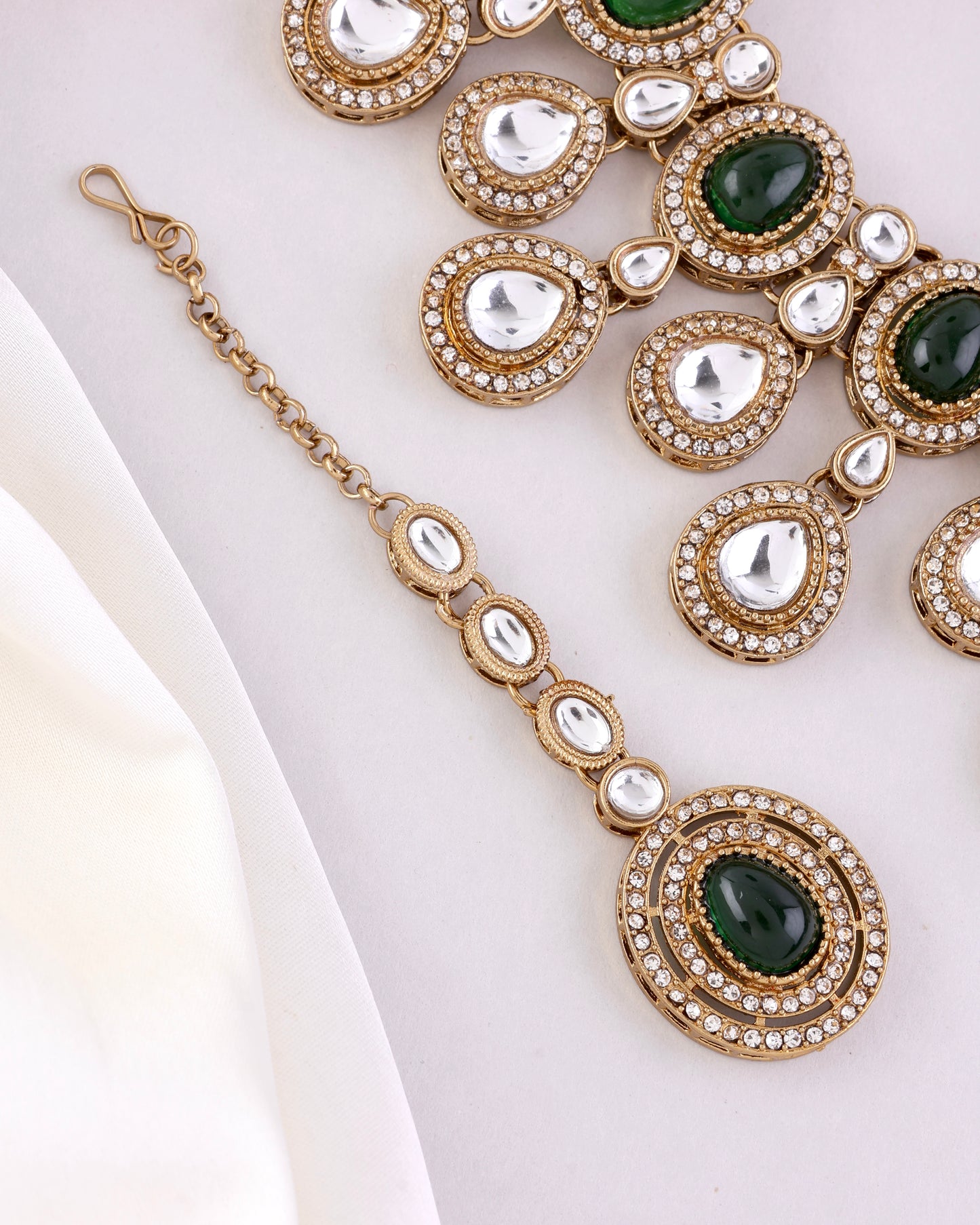 Green Sehaj Premium Polki Dupe Necklace with Earring and Teeka