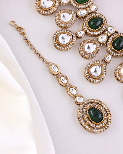 Green Sehaj Premium Polki Dupe Necklace with Earring and Teeka