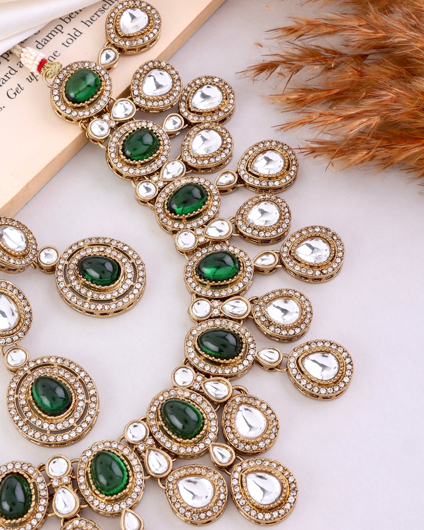 Green Sehaj Premium Polki Dupe Necklace with Earring and Teeka