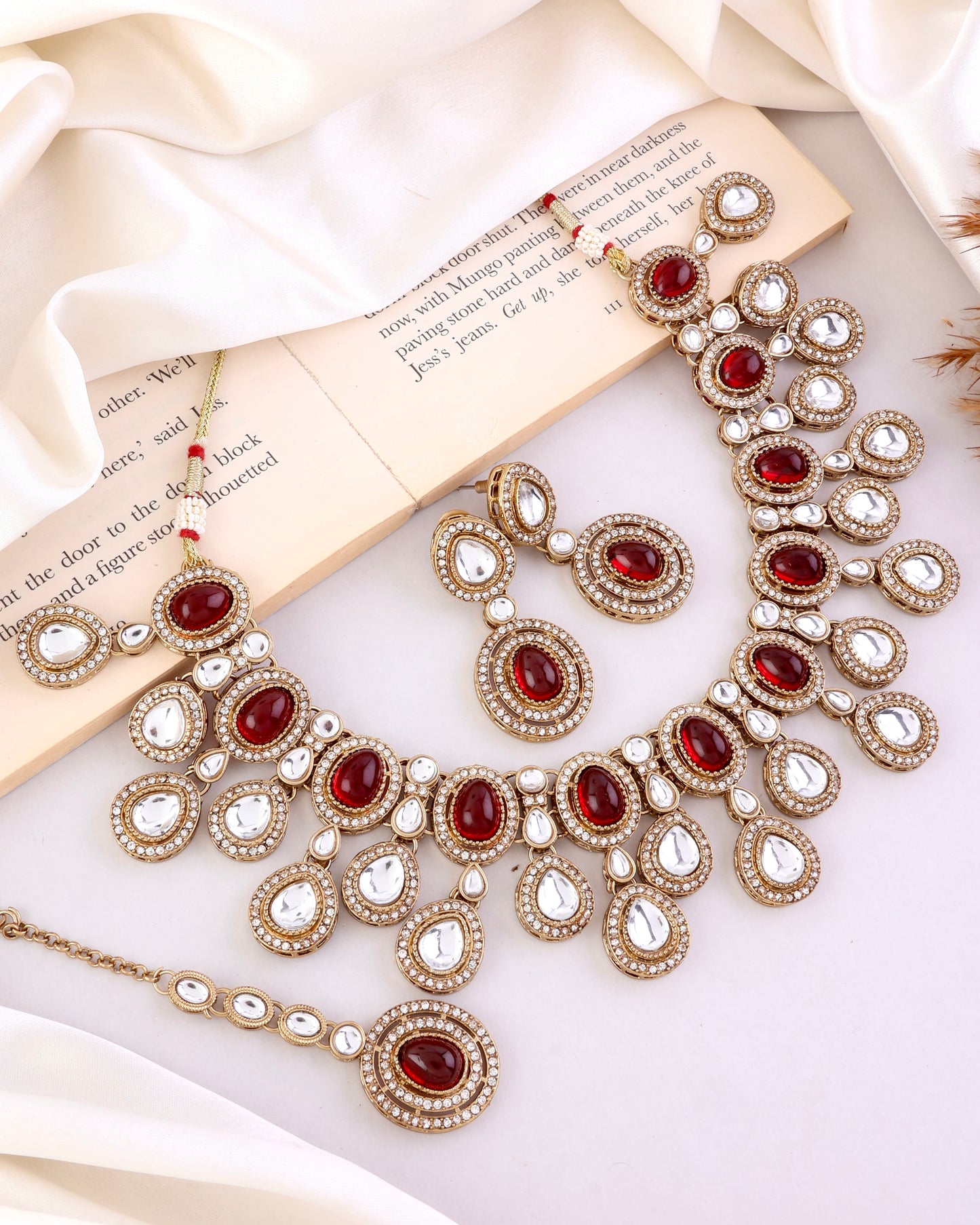 Maroon Sehaj Premium Polki Dupe Necklace with Earring and Teeka