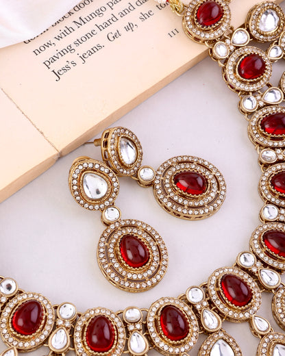 Maroon Sehaj Premium Polki Dupe Necklace with Earring and Teeka