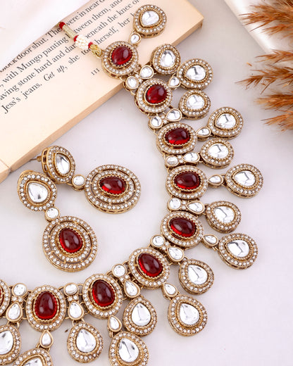 Maroon Sehaj Premium Polki Dupe Necklace with Earring and Teeka